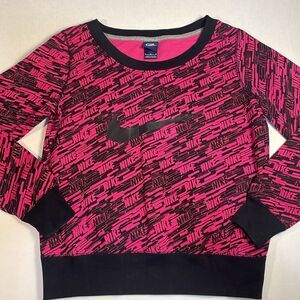 Nike Women’s Crewneck Sweatshirt All Over Print Black and Hot Pink Swoosh Boxy M